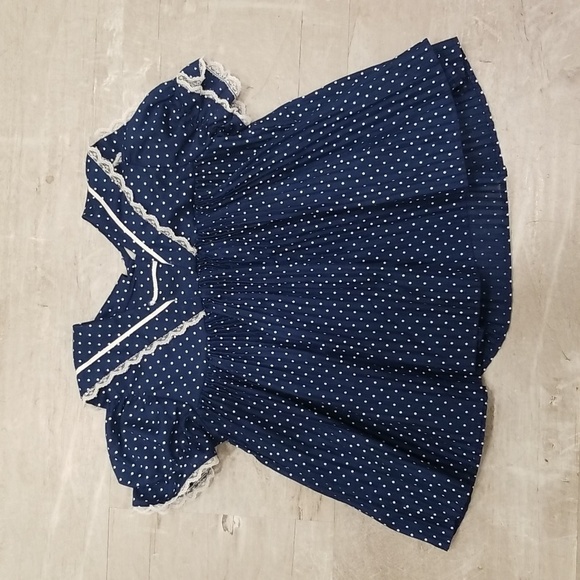 💕H.R.H.💕 Vintage Navy Blue Polka Dot Dress Lace Trim ~ 18 Months - Picture 1 of 10